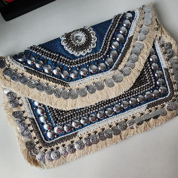 NWT Blue Boho bag coin envelope clutch embroidered hippie sling bag gift her - Picture 1 of 9